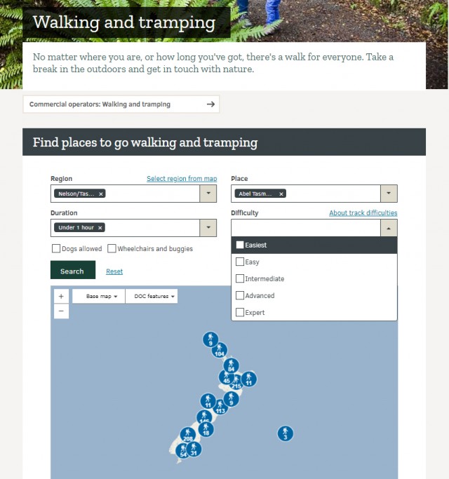 DOC interactive walking and tramping map